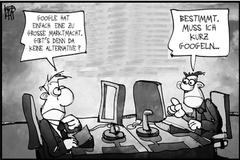 Karikatur über Google und Marktmacht im Bürogespräch